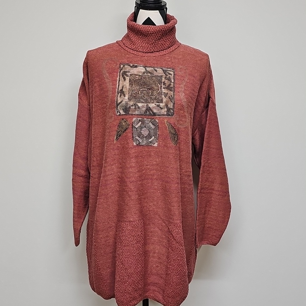90s Blue Fish Rust Pink Turtleneck Sweater with Abstract Block Print Design